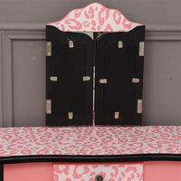 Kids Wooden Vanity Table and Stool Set - Make-up Vanity Station with Detachable Three-Fold Mirror and Single Drawer - Children's Dressing Table and Chair with Arc Foot Design - Red Leopard Print