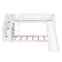 Stairway Bunk Beds Twin over Twin, Wooden Bunk Bed Frame with Kids Slide and Storage Staircase, 2-in-1 Storage Beds Frame with Ladder and Safety Guardrails for Boys Girls Bedroom, White