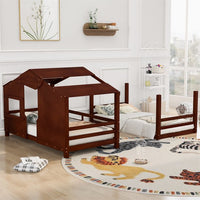 Wooden House Shaped Bunk Bed, Twin Over Twin Bunk Bed for Kids, Toddler, Girls and Boys, Playhouse Low Bunkbed Solid Wood Frame with Roof, Ladder and Window, No Box Spring Needed, Walnut