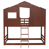 Wooden House Shaped Bunk Bed, Twin Over Twin Bunk Bed for Kids, Toddler, Girls and Boys, Playhouse Low Bunkbed Solid Wood Frame with Roof, Ladder and Window, No Box Spring Needed, Walnut