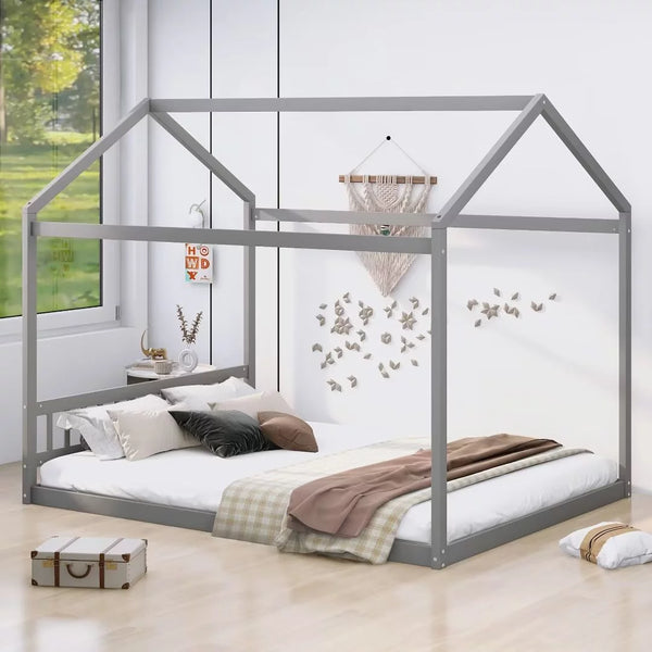 Queen Size House Bed with Headboard, Wooden Montessori Bed Floor Bed Frame for Kids Girls Boys, Bedroom Furniture, No Box Spring Needed, Gray
