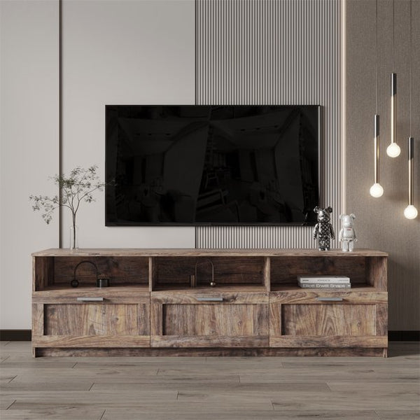 TV Cabinet, 80'' TV Stand Media Stand Console Table with 3 Open Storage Spaces & 3 Drawers, Modern Minimalist Open Locker Entertainment Center Television Stand for Living Room Bedroom, Walnut