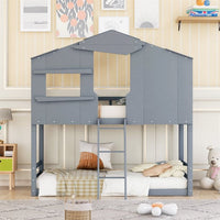 Wooden House Shaped Bunk Bed, Twin Over Twin Bunk Bed for Kids, Toddler, Girls and Boys, Playhouse Low Bunkbed Solid Wood Frame with Roof, Ladder and Window, No Box Spring Needed, Gray