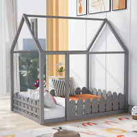 Full Size House-shaped Floor Bed, Wooden Platform Bed Frame with Roof and Fence-shaped Guardrails, Low Kids Bed for Boys Girls Bedroom, Easy Assembly, Slats Not Included, Gray