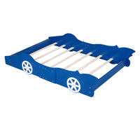 Full Size Race Car-Shaped Platform Bed for Kids, Solid Wood Bed Frame with Safety Rails and Wheels, Modern Low Bed with Sturdy Slats Support for Boys and Girls, No Box Spring Needed, Blue