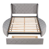 Queen Size Storage Velvet Bed Frame, Upholstered Platform Bed with Wingback Headboard and 1 Big Drawer,2 Side Storage Stool, No Box Spring Required