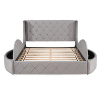 Queen Size Storage Velvet Bed Frame, Upholstered Platform Bed with Wingback Headboard and 1 Big Drawer,2 Side Storage Stool, No Box Spring Required