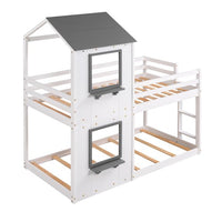 Twin Over Full Bunk Bed, House Shaped Solid Wood Bunk Bed with Roof, Window,House Bed Loft Bed with Guardrail and Ladder for Kids, Toddlers, Teens, Boys, Girls, No Box Spring Needed, White + Gray Roof