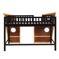 Twin Size Loft Bed with Underbed Storage Space, Boat Shaped Kids Loft Bed with Safety Guardrails and Ladders, Wood Low Loft Bed for Kids Boys Girls, Walnut