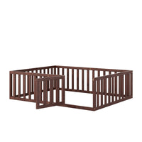 Full Size Floor Bed with Fence and Door, Wood Bed Frame with Safety Guardrails, Home Furniutre for Kids Girls and Boys Bedroom Dorm, Easy Assembly, Walnut