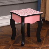 Kids Wooden Vanity Table and Stool Set - Make-up Vanity Station with Detachable Three-Fold Mirror and Single Drawer - Children's Dressing Table and Chair with Arc Foot Design - Red Leopard Print