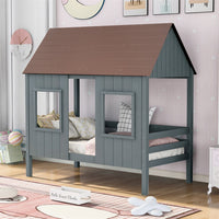 Twin Size House Bed, Low Loft Bed with Brown Roof and 2 Front Windows for Kids Teens Adults, Playhouse Bed Frame with Slat Support and Safety Guardrails for Bedroom, No Box Spring Required, Gray