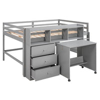 Low Loft Bed, Full Size Loft Bed with Rolling Portable Desk, Wooden Loft Bed with Storage Drawers and Shelves, Multifunctional Bed Frame for Kids Teens Boys Girls, Space Saving Loft Bed, Gray
