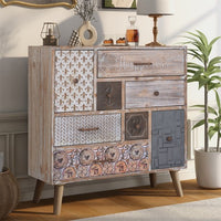 Storage Cabinet with 8 Drawers, Accent Media Console Entry Table Modern Decorative Cabinet with Wood Frame & Colorful Pattern, Sideboard Buffet Entertainment Center for Living Room Bedroom, Brown