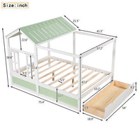 Full Size House Bed with Drawer, Montessori Playhouse Bed with Roof and Window, Solid Wood Bed Frame for Kids Teens Boys Girls Bedroom, Green