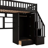 Twin Size Loft Bed, Wooden Loft Bed Frame with Bookshelf and Drawers for Kids Teens, Multifunctional Storage Bed Frame with Built-in Desk and Wardrobe for Bedroom Dorm, Space-Saving Design, Espresso