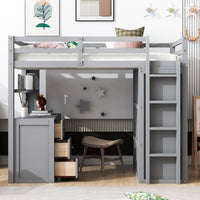 Twin Size Loft Bed with Desk and Wardrobe, Wood Loft Bed Frame with Storage Drawers and Full-Length Guardrails, High Loft Bed for Kids Teens Boys and Girls (Gray)
