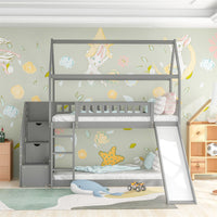 Bunk Bed with Storage Drawers and Slide, Wood House Bed Frame with Ladder and Guardrail, Twin Over Twin Bunk Bed Loft Bed for Kids Teens Boys and Girls, No Box Spring Required, Gray