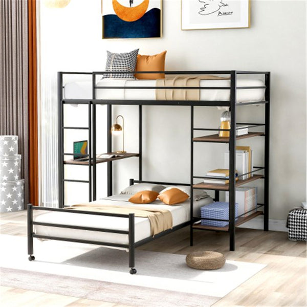 Black Metal Bunk Bed with Desk, Twin Over Twin Loft Beds with Shelves, Sturdy Metal Frame with Ladder and Safety Rails for Kids