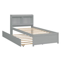 Twin Bed with Trundle, Twin Bed Frame with Bookcase Headboard, Wood Twin Platform Bed with Pull Out Trundle Bed for Kids, Gray