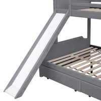 Twin Over Full Upholstered Bunk Bed with Slide and 2 Drawers, Solid Wood Bunk Bed Frame with Convertible Slide and Ladder, Headboard and Footboard, Bedroom Bedframe, No Spring Box Required, Gray