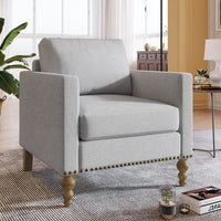 Accent Chair Classic Linen Armchair with Bronze Nailhead Trim Wooden Legs and Button-Dotting Backrest Single Sofa Couch for Living Room, Bedroom, Balcony, Gray