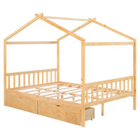 Full Size House Platform Bed Frame with Two Drawers, Wood House Bed Frame with Headboard and Footboard, House Cabin Bed Frame for Kids Toddlers Boys Girls, No Need Spring Box, Natural