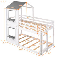 Twin Over Full Bunk Bed, House Shaped Solid Wood Bunk Bed with Roof, Window,House Bed Loft Bed with Guardrail and Ladder for Kids, Toddlers, Teens, Boys, Girls, No Box Spring Needed, White + Gray Roof