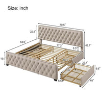 King Bed Frame with 4 Storage Drawers, Upholstered Platform Bed Frame with Button Tufted Headboard, Storage Bed Frame, Heavy Duty Mattress Foundation with Wooden Slats, No Box Spring Needed, Beige