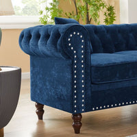 L-Shaped Velvet Tufted Sectional Sofa Set with 3 Pillows Classic Upholstered Rolled Arm Chesterfield Sectional Sofa Couch for Living Room Bedroom, 5 Seater Soft Velvet Lounge with Thick Cushion (Navy)