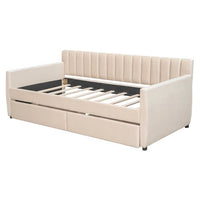 Twin Size Upholstered Daybed with 2 Storage Drawers, Modern Velvet Sofa Bed Frame with Tufted Backrest and Square Armrest, Storage Bed with Slats Support for Living Room, Bedroom, Beige