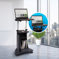 Mobile Laptop Podium, Height Adjustable Sit to Stand Desk with Tilting Desktop & Storage Cabinet, Ergonomic Rolling Lectern Cart Laptop Desk, Office Podium Stand on Wheels (Graphite)