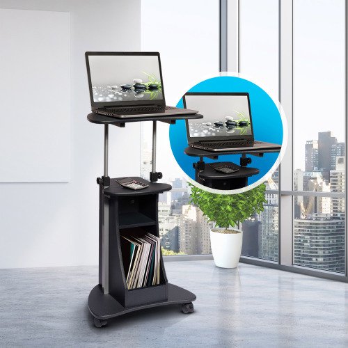 Mobile Laptop Podium, Height Adjustable Sit to Stand Desk with Tilting Desktop & Storage Cabinet, Ergonomic Rolling Lectern Cart Laptop Desk, Office Podium Stand on Wheels (Graphite)