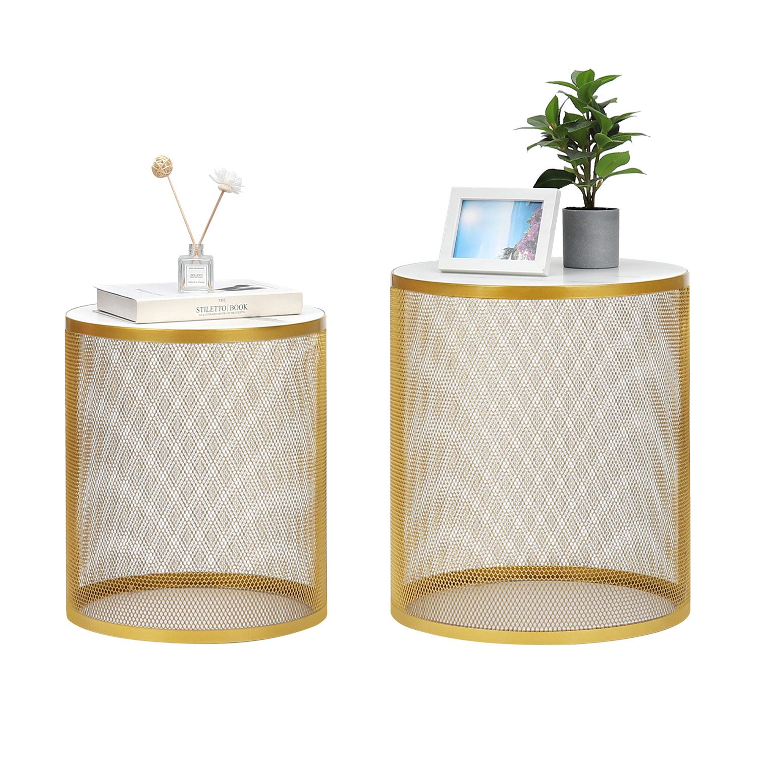 Coffee Table Set of 2 Nesting Coffee Table, Metal Round Side Table Removable Top End Table Nightstand for Living Room Bedroom, Gold