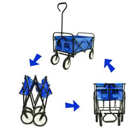 Collapsible Outdoor Utility Wagon Cart with Cup Holdler, Large Capacity Folding Wagon Garden Shopping Beach Cart ,Heavy Duty Foldable Cart, for Outdoor Activities, Beaches, Parks, Camping (Blue)