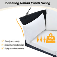 Wicker Rattan Outdoor Patio Swing Chair, 2-Person Hanging Seat, 51.9" Rattan Woven Swing Chair, Porch Swing With Ropes, Poolside Gossip Collection, Black Wicker And White Cushion