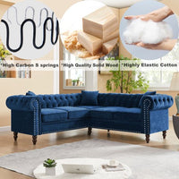 L-Shaped Velvet Tufted Sectional Sofa Set with 3 Pillows Classic Upholstered Rolled Arm Chesterfield Sectional Sofa Couch for Living Room Bedroom, 5 Seater Soft Velvet Lounge with Thick Cushion (Navy)