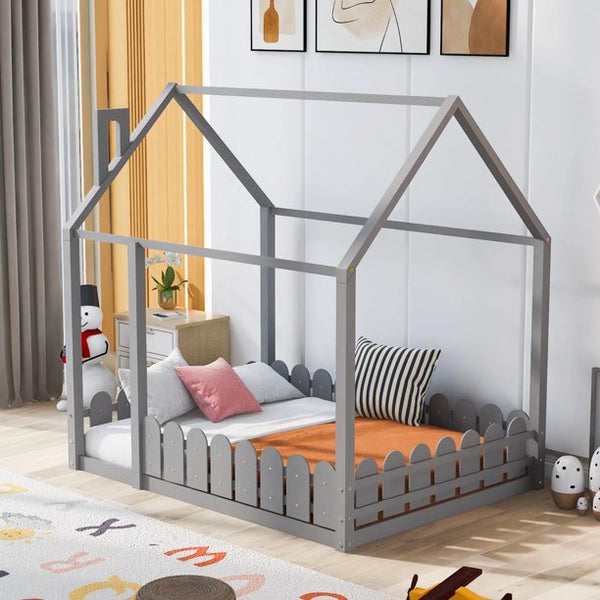 Full Size House-shaped Floor Bed, Wooden Platform Bed Frame with Roof and Fence-shaped Guardrails, Low Kids Bed for Boys Girls Bedroom, Easy Assembly, Slats Not Included, Gray