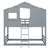 Wooden House Shaped Bunk Bed, Twin Over Twin Bunk Bed for Kids, Toddler, Girls and Boys, Playhouse Low Bunkbed Solid Wood Frame with Roof, Ladder and Window, No Box Spring Needed, Gray