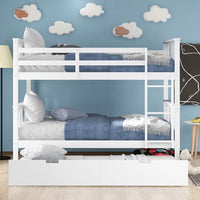 Full over Full Bunk Bed with Twin Size Trundle and Ladder, Convertible Bunk Bed with Safety High Guardrails for Kids Teens Adults, White
