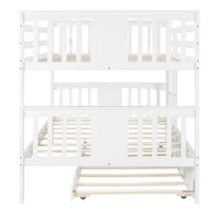 Full over Full Bunk Bed with Twin Size Trundle and Ladder, Convertible Bunk Bed with Safety High Guardrails for Kids Teens Adults, White