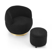 Swivel Barrel Chair with Storage Ottoman, Modern Teddy Fabric Upholstered Accent Chair with Gold Stainless Steel Base and Footrest, Comfy Single Sofa Chair for Living Room Bedroom, Black