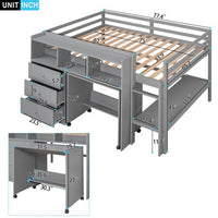 Low Loft Bed, Full Size Loft Bed with Rolling Portable Desk, Wooden Loft Bed with Storage Drawers and Shelves, Multifunctional Bed Frame for Kids Teens Boys Girls, Space Saving Loft Bed, Gray