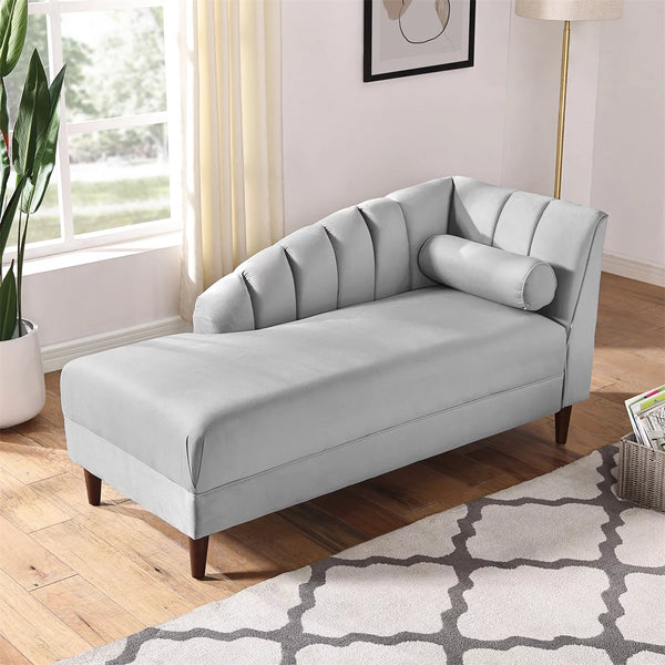 Chaise Lounge Indoor,Velvet Upholstered Chaise Lounge Chair with Armrest and One Pillow,Living Room Lounge Chair with Solid Wood Frame & Legs,Velvet Sofa Recliner Couch for Bedroom Office,Grey