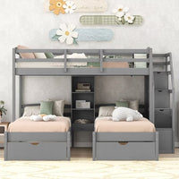 Twin over Twin&Twin Bunk Bed with Drawers and Shelves, Triple Bunk Bed with Built-in Staircase and Guardrails for Family Kids Teens Adults, Gray