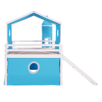 Playhouse Loft Bed,Full Size House Bunk Bed with Slide,Blue Tent and Tower,Solid Wood Bunk Bed Frame with Roof Design and Fence Shaped Guardrails,Castle-Shaped Bunk Bed for Kids Boys Girls,Blue