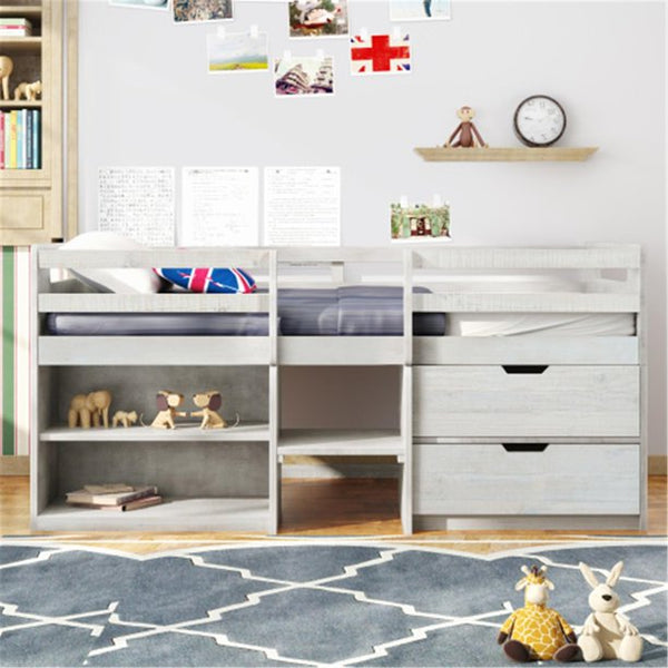 Twin Loft Bed Frame with 2 Storage Drawers and 2 Tier Shelves, Wood Loft Bed with Safe Guardrail for Kids Boys and Girls, Antique White