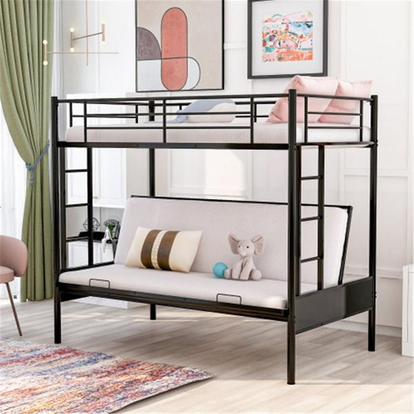 Twin Over Full Metal Bunk Bed, Multifunction Bed Frame, Convertible to Futon Couch with Safety Guardrail and Ladder for Boys and Girls,Space-Saving Design, Black