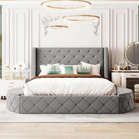 Queen Size Storage Velvet Bed Frame, Upholstered Platform Bed with Wingback Headboard and 1 Big Drawer,2 Side Storage Stool, No Box Spring Required