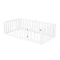 Full Size Montessori Floor Bed for Kids,Solid Wood Floor Bed Frame with Fence and Door, Bed Frame for Kids Toddlers,Box Spring Needed